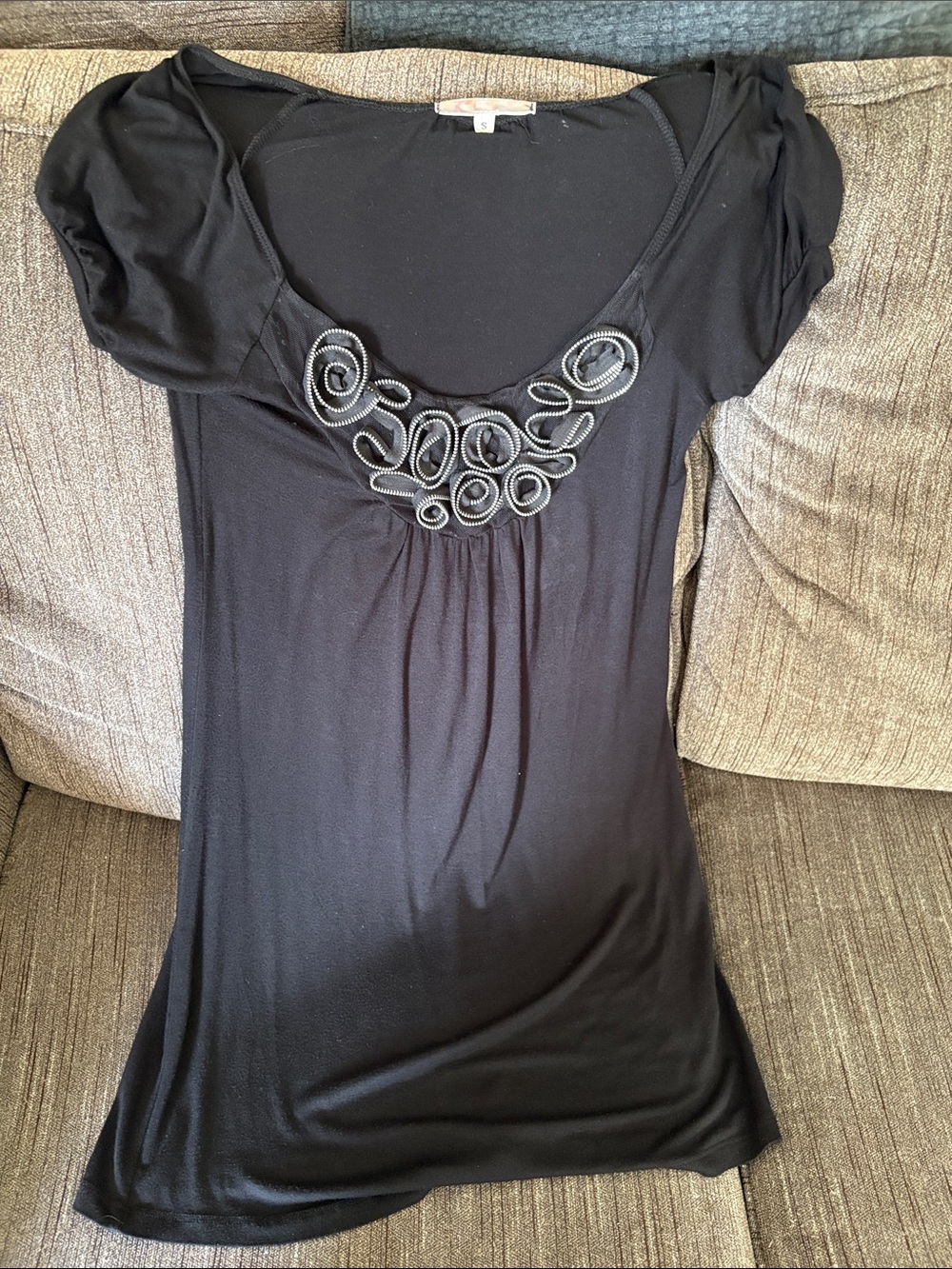 Women's Black Scoop Neck Top with Rosette Trim made of Zippers